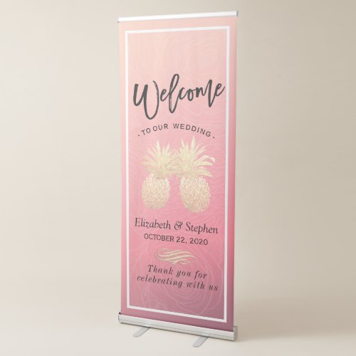 Wedding Shower Golden Pineapple Couple Pink Roses Retractable Banner