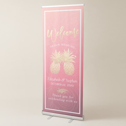 Wedding Shower Golden Pineapple Couple Pink Roses Retractable Banner