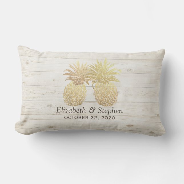 Wedding Shower Golden Pineapple Couple Rustic Wood Lumbar Pillow (Front)
