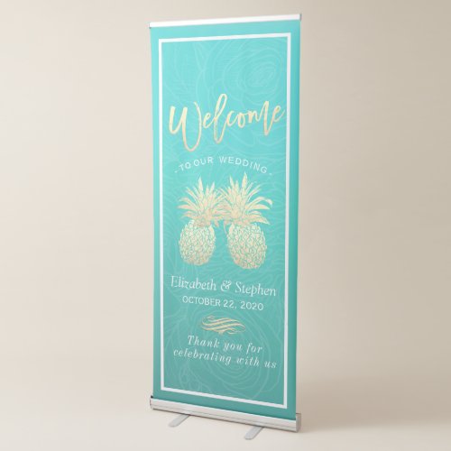 Wedding Shower Golden Pineapple Couple Teal Roses Retractable Banner