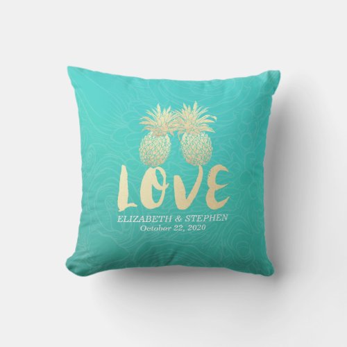 Wedding Shower Golden Pineapple Couple Teal Roses Throw Pillow