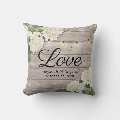 Wedding Shower Hydrangea Flower String Lights Wood Throw Pillow