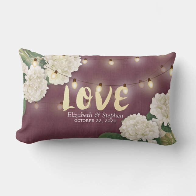 Wedding Shower Hydrangea String Light Burgundy Red Lumbar Pillow (Front)