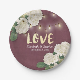 Wedding Shower Hydrangea String Light Burgundy Red Paper Plates
