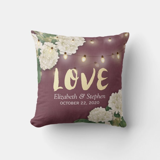 Wedding Shower Hydrangea String Light Burgundy Red Throw Pillow (Front)