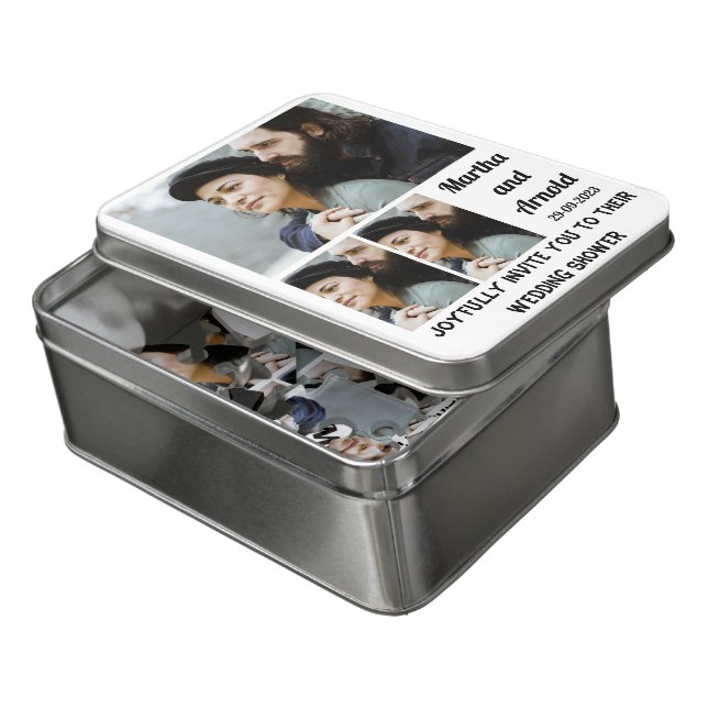 Wedding Shower Invitation custom 3 Photo Collage Jigsaw Puzzle (Lid Open)