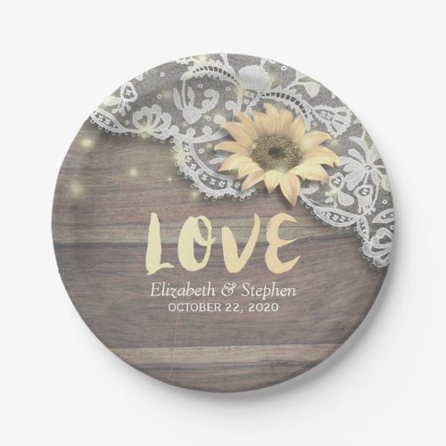 Wedding Shower Lace Sunflower Rustic Wood Lights Paper Plates