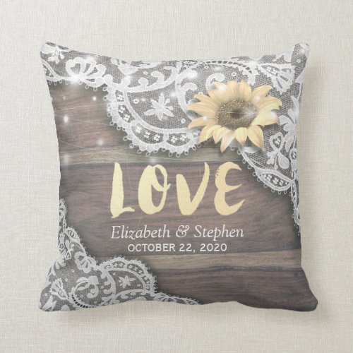 Wedding Shower Lace Sunflower Rustic Wood Lights Throw Pillow