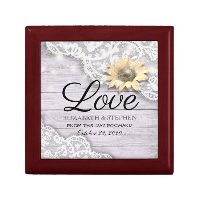 Wedding Shower Lace Sunflower Wood & String Lights Gift Box (Front)