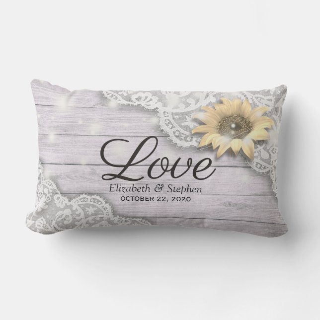 Wedding Shower Lace Sunflower Wood & String Lights Lumbar Pillow (Front)