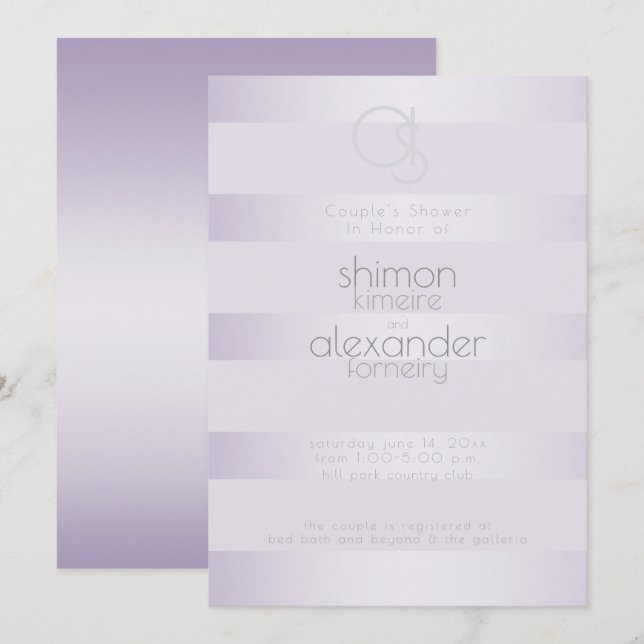 Wedding Shower | Lilac Shimmer Stripes Monogram Invitation (Front/Back)