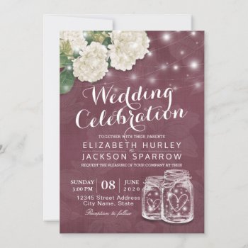 Wedding Shower Mason Jar Hydrangea Lights Burgundy Invitation by ReadyCardCard at Zazzle