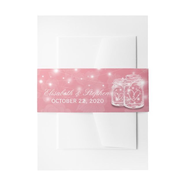Wedding Shower Mason Jars String Light Pink Flower Invitation Belly Band (Front Example)