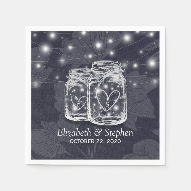 Wedding Shower Mason Jars String Lights Navy Blue Napkins (Front)