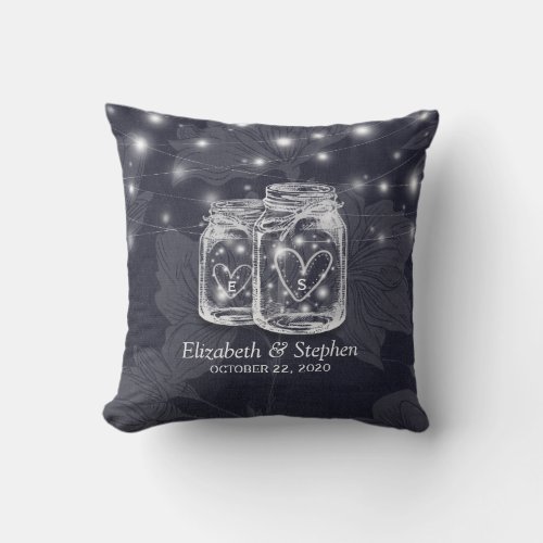 Wedding Shower Mason Jars String Lights Navy Blue Throw Pillow