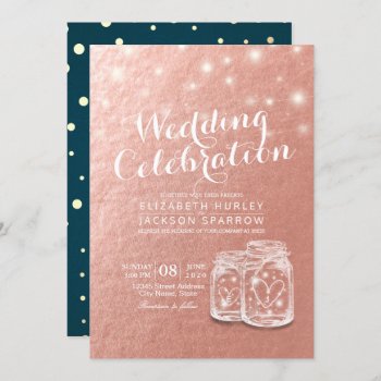 Wedding Shower Mason Jars String Lights Rose Gold Invitation by ReadyCardCard at Zazzle