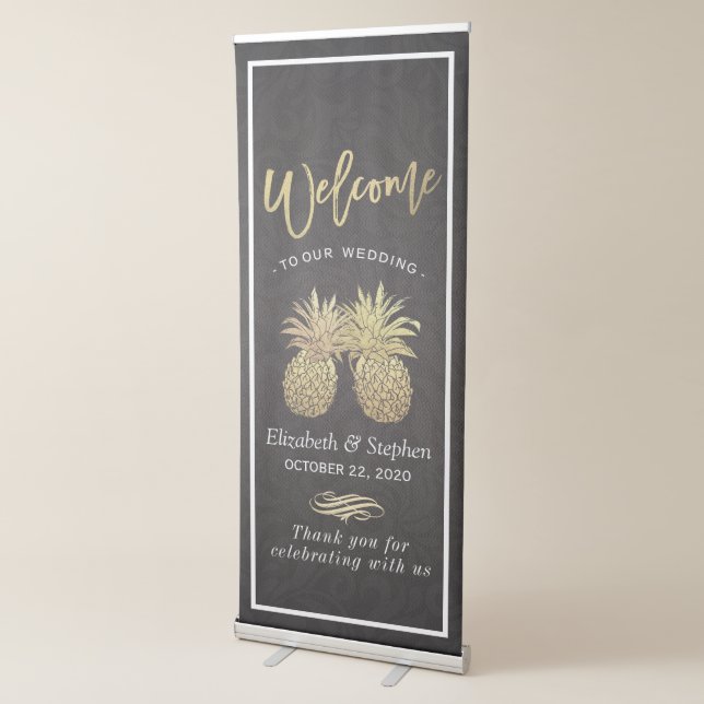 Wedding Shower Modern Black Gold Pineapple Couple Retractable Banner (3/4)