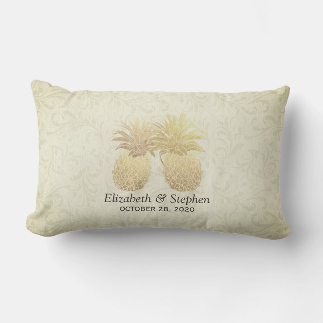 Wedding Shower Modern Gold Pineapples Damask Paper Lumbar Pillow (Front)