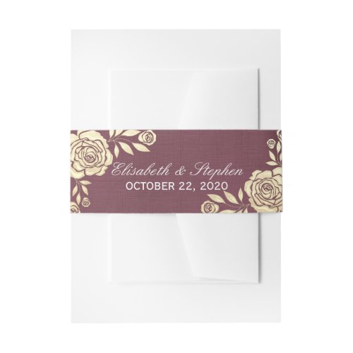 Wedding Shower Modern Golden Roses Burgundy Red Invitation Belly Band