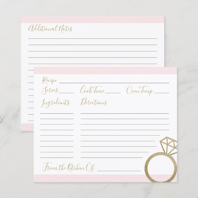 Wedding Shower Pink and Gold Recipe Cards (Front/Back)