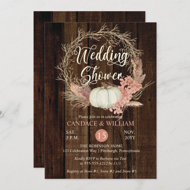 Wedding Shower - Rustic Pumpkin Pampas Wreath  Invitation (Front/Back)