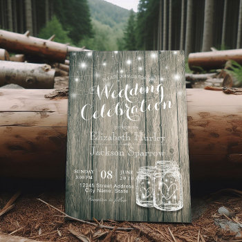 Wedding Shower Rustic Wood Mason Jar String Lights Invitation by ReadyCardCard at Zazzle