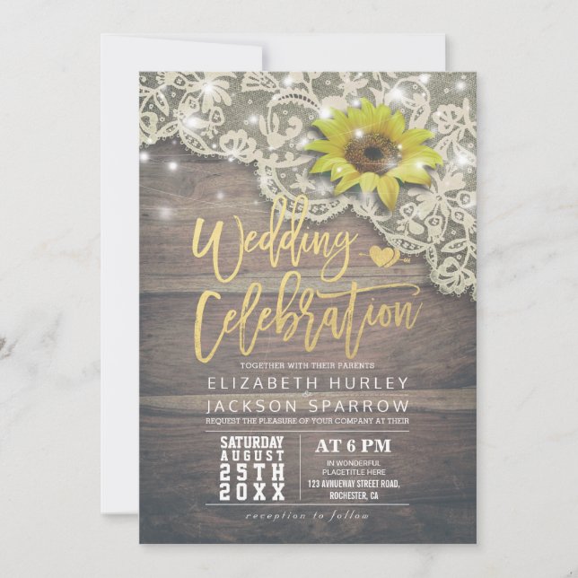 Wedding Shower Vintage Lace Sunflower Rustic Wood Invitation (Front)