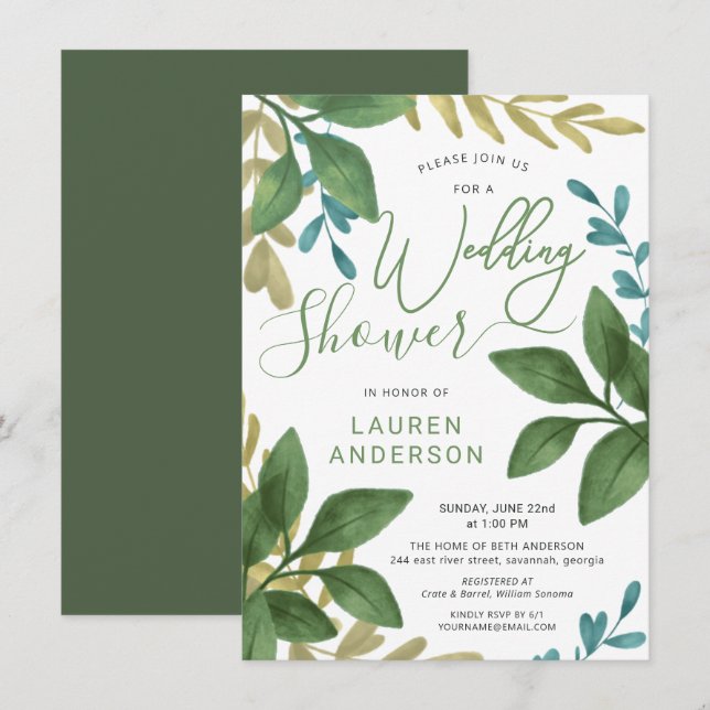 Wedding Shower Watercolor Tea Leaves Foliage Invitation (Front/Back)