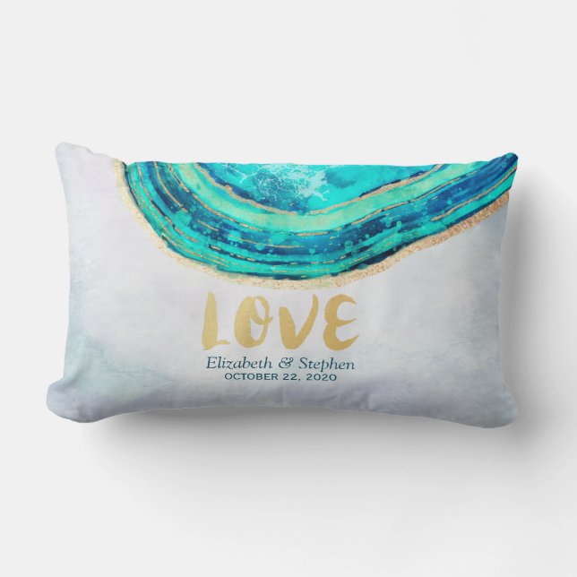 Wedding Shower Watercolor Teal & Gold Agate Geode Lumbar Pillow (Front)