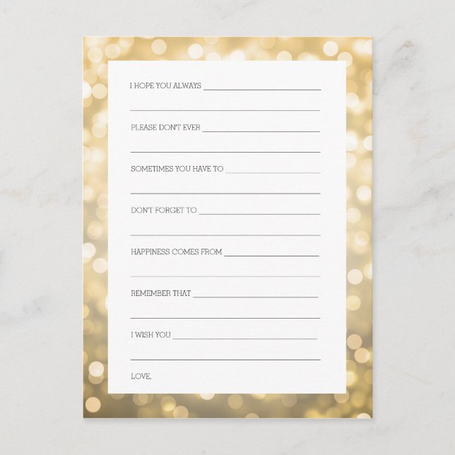 Wedding Shower Wishes Gold Glitter Lights Advice Card (Front)