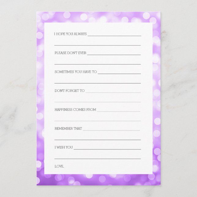 Wedding Shower Wishes Purple Glitter Lights Advice Card (Front)