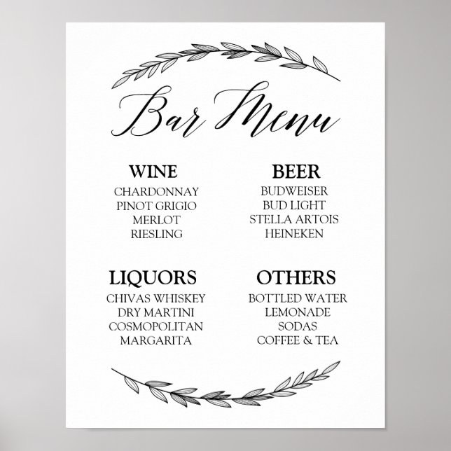 Wedding Sign – Bar Menu Laurel Wedding Sign (Front)