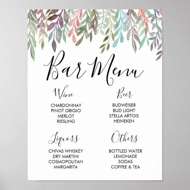 Wedding Sign – Bar Menu Watercolor Greenery Sign (Front)
