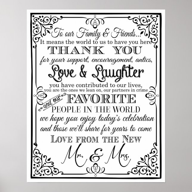 wedding sign black and white thank you sign (Front)