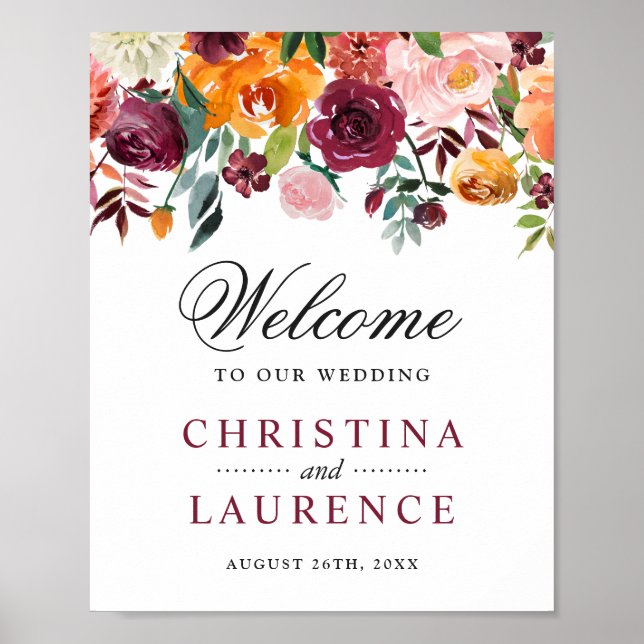 Wedding Sign | Burgundy Blush Pink Orange Flowers (Front)