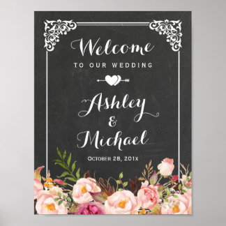 Wedding Sign Classy Vintage Chalkboard Floral Poster
