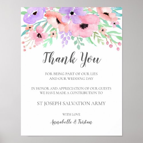 Wedding Sign  Donation Watercolor Floral Sign