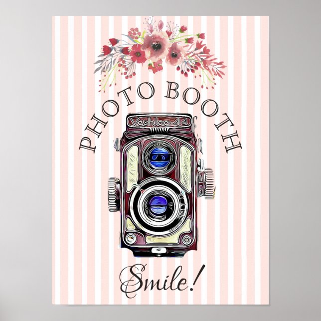 Wedding Sign for Photo Booth, Coral  Floral Camera (Front)