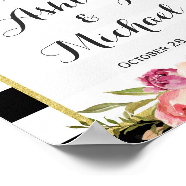 Wedding Sign | Modern Floral Black White Stripes Poster