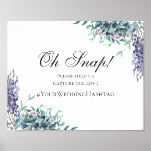 Wedding sign. Purple floral instagram hashtag Poster