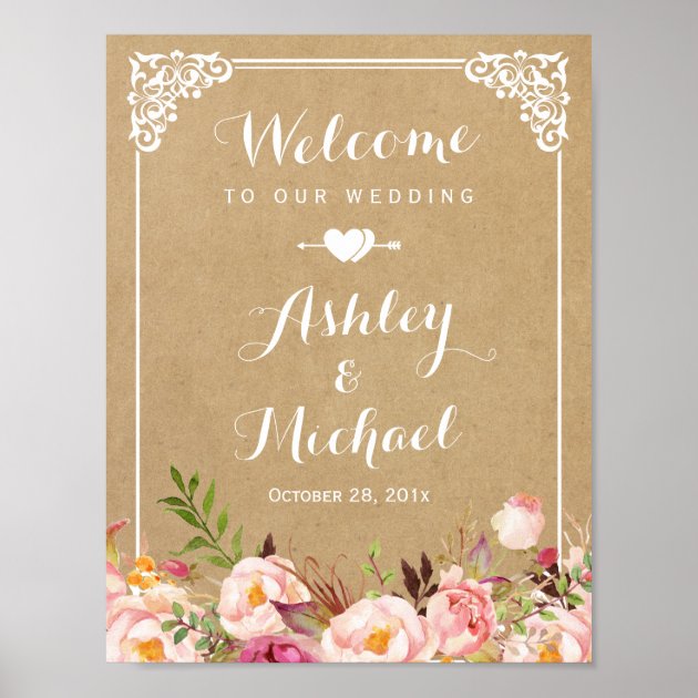 Wedding Sign | Rustic Floral Vintage Frame Kraft Poster