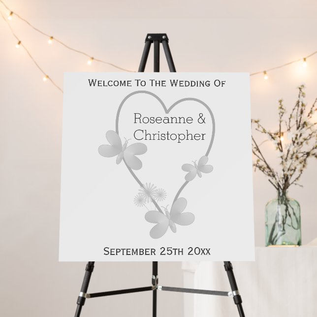 Wedding Sign Silver Heart Butterflies (In Situ (Stand))