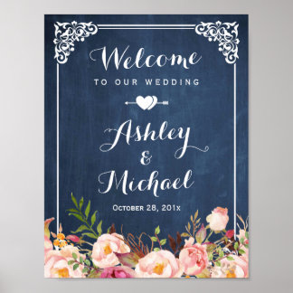 Wedding Sign Vintage Blue Chalkboard Floral