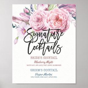 Wedding Signature Cocktail Drink Menu Boho Floral Poster