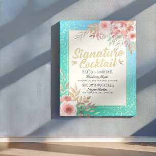 Wedding Signature Cocktail Drink Menu Pink Floral Poster