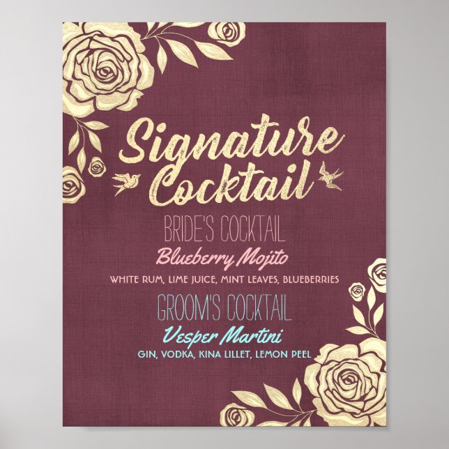 Wedding Signature Drink Menu Burgundy Golden Roses Poster (Front)