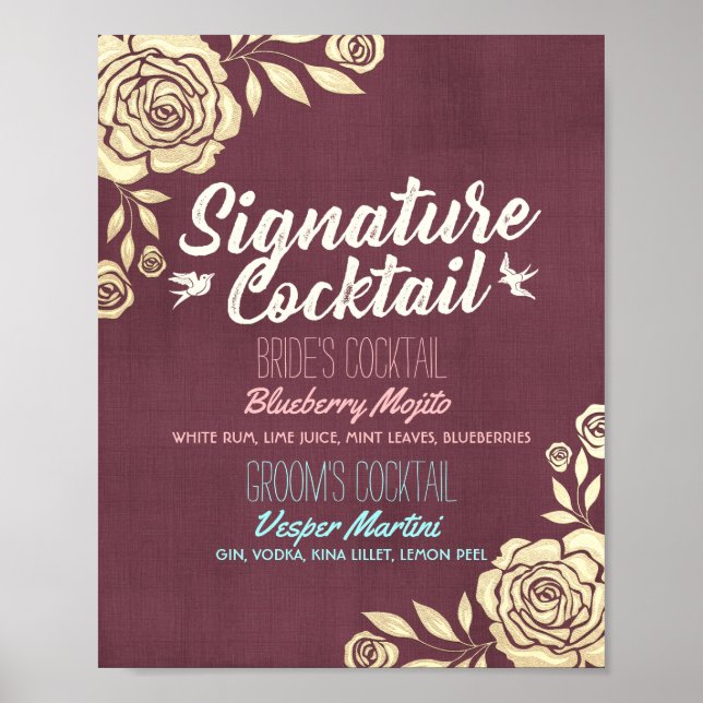 Wedding Signature Drink Menu Burgundy Golden Roses Poster (Front)
