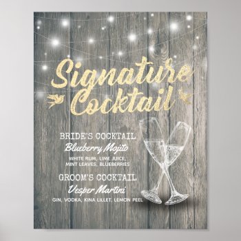 Wedding Signature Drink Menu Champagne Glass Wood Poster by ReadyCardCard at Zazzle