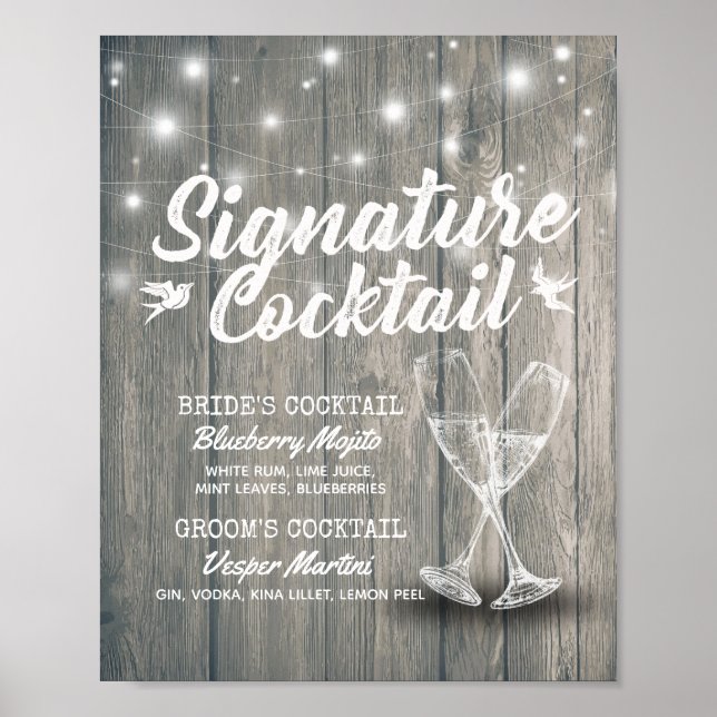Wedding Signature Drink Menu Champagne Glass Wood Poster (Front)