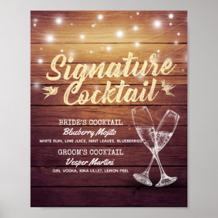 Wedding Signature Drink Menu Champagne Glass Wood Poster